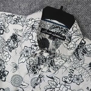 Just Attitude Mens XL Short Sleeve Button Up Shirt Black White Floral Crane Prnt